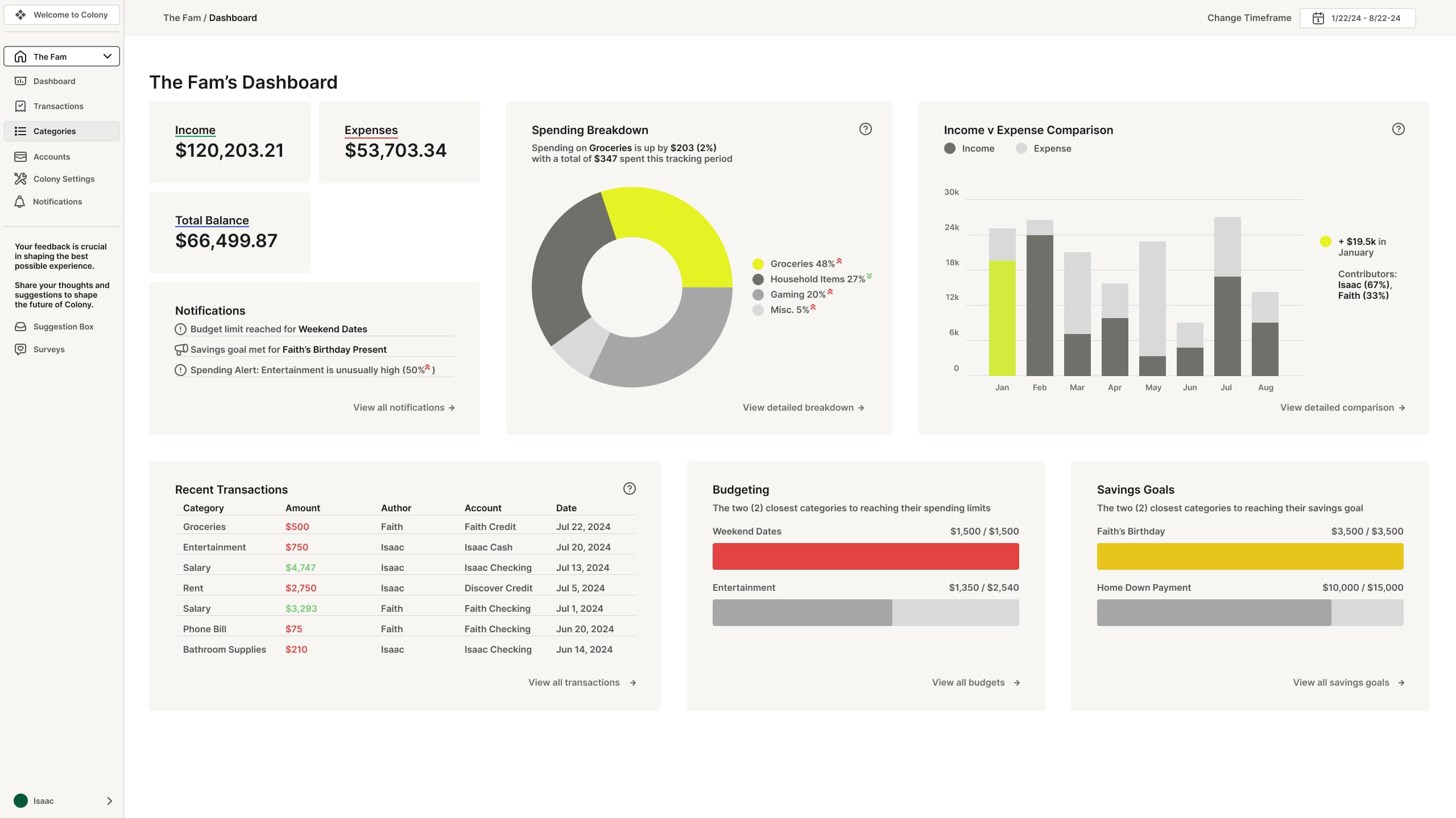 Colony dashboard showing income, expenses, and spending breakdown