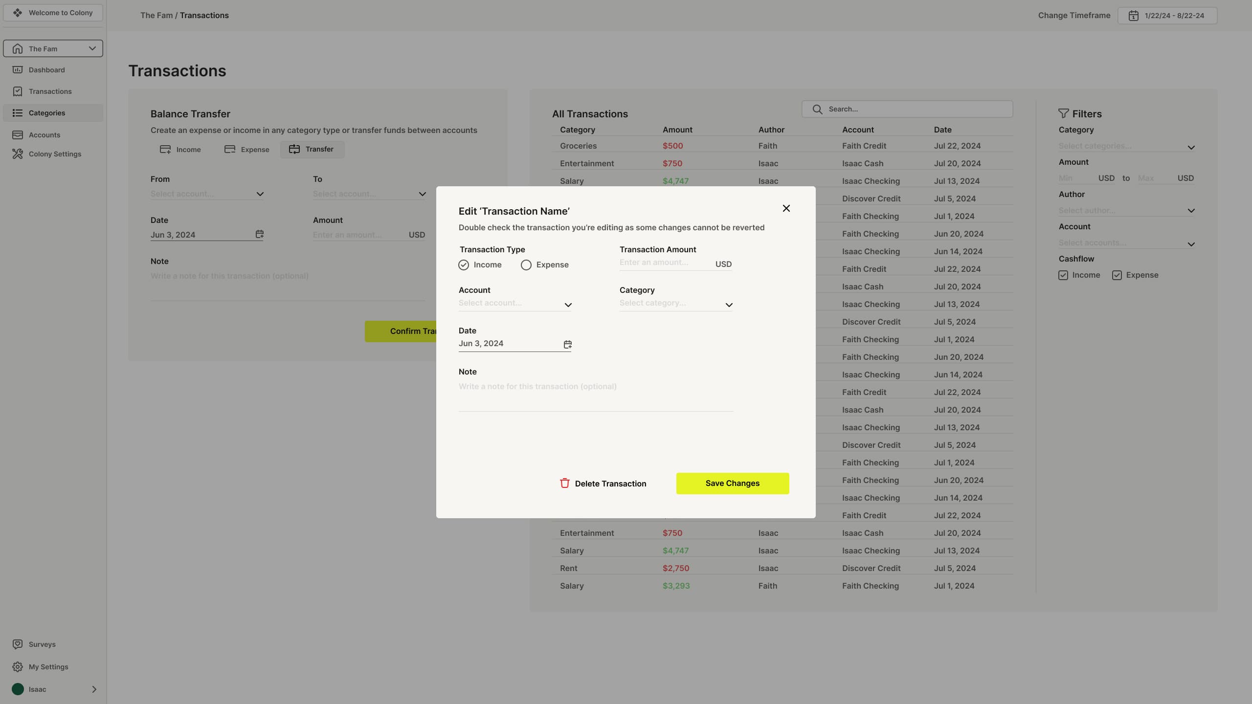 Transaction management interface with filtering and editing